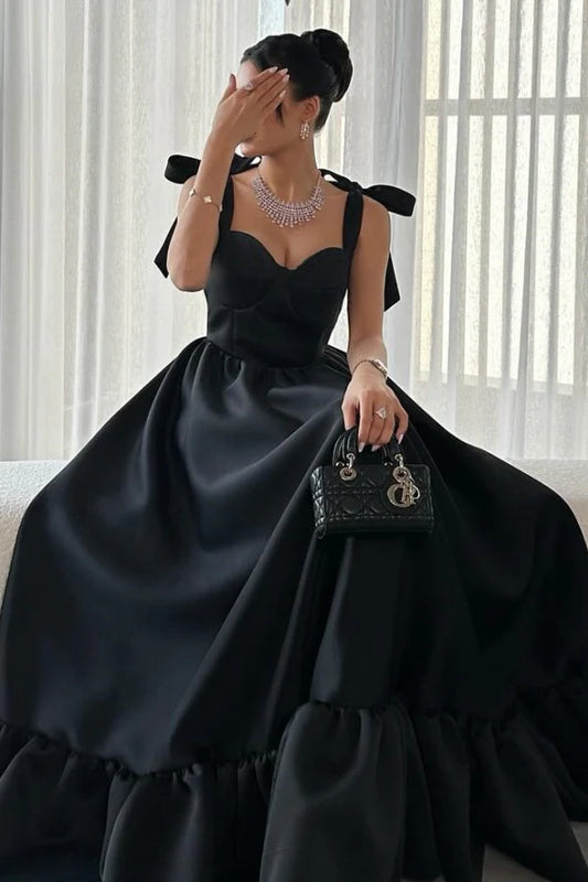 Beaira Classic & Simple A-Line Sweetheart Neck Straps Sleeveless Prom Party Dress Black Satin Floor Length Evenng Gown Wedding Guest Dress