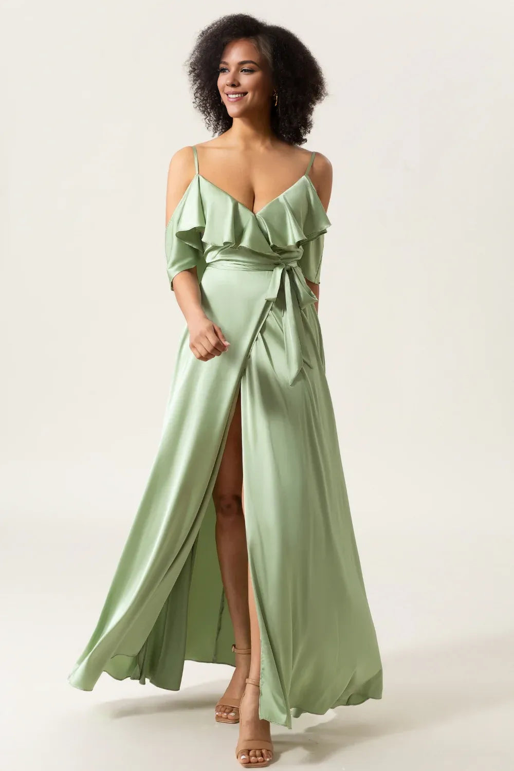 Beaira Dusty Sage A-Line Spaghetti Straps Cold Shoulder Satin Bridesmaid Dress Bridesmaid dress shop