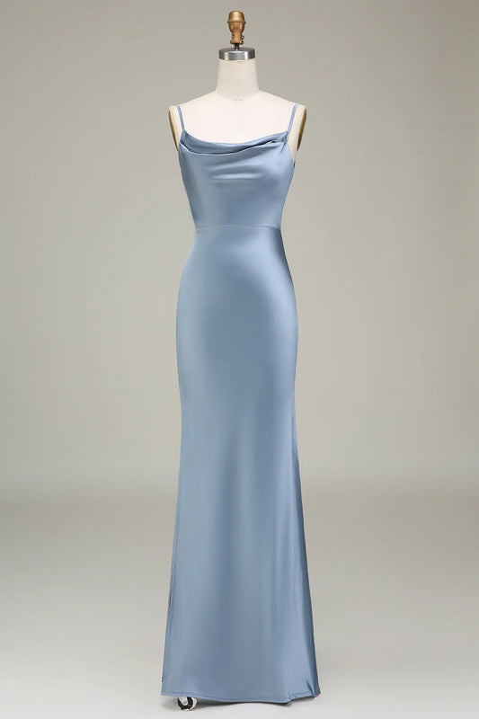 Beaira Dusty Blue Sheath Spaghetti Straps Long Satin Bridesmaid Dress Bridesmaid dress shop