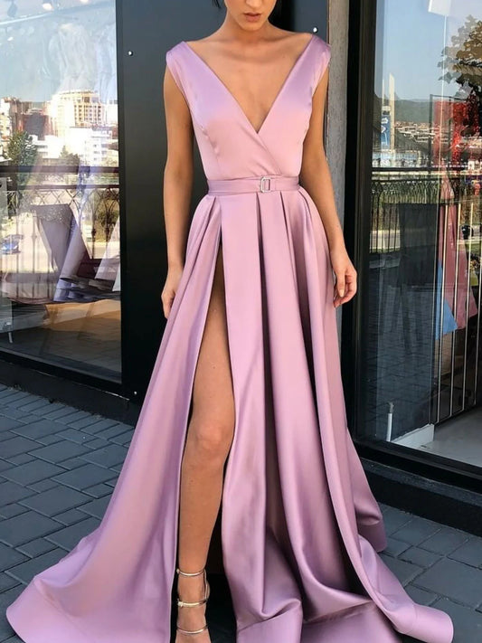 Beaira Simple v neck satin long prom dress pink evening dress Bridesmaid dress shop