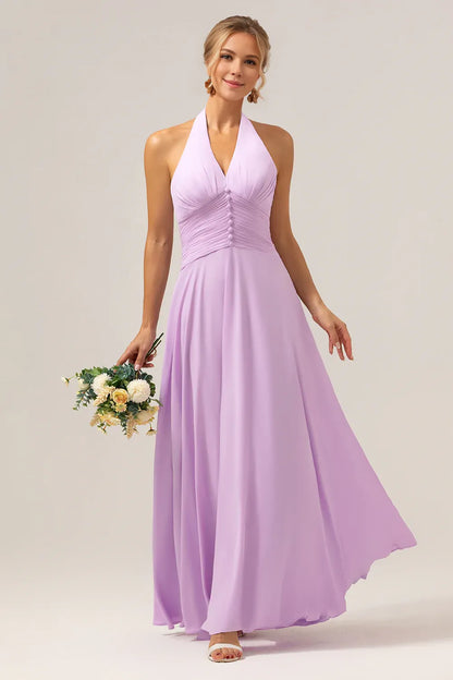 Beaira A Line Halter Backless Pleated Chiffon Long Purple Bridesmaid Dress With Buckle Bridesmaid dress shop