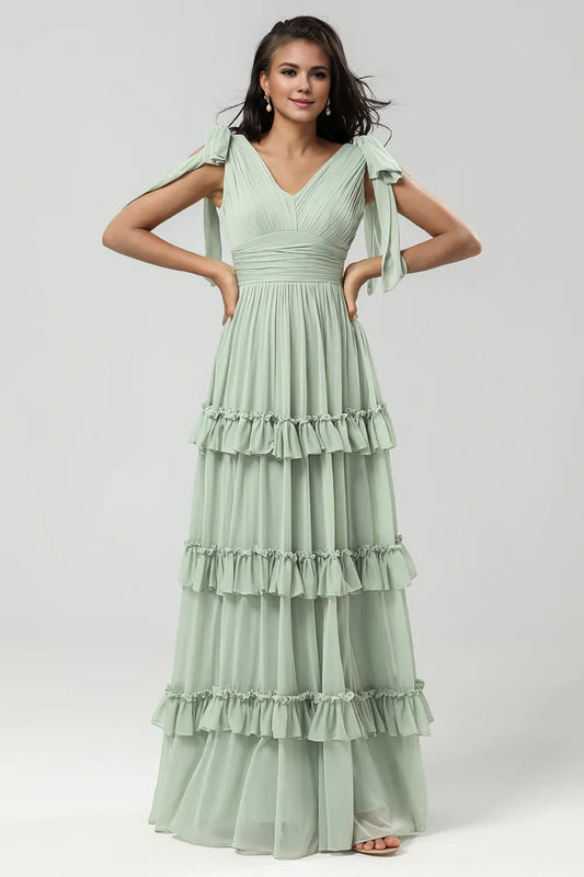 Beaira Dusty Sage A Line V-Neck Long Knitted Chiffon Bridesmaid Dress With Ruffles Bridesmaid dress shop ﻿