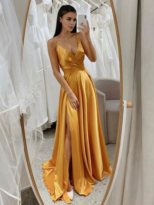 Beaira Simple v neck satin yellow long prom dress yellow evening dress Bridesmaid dress shop