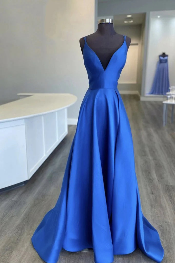 Beaira Blue v neck satin long prom dress blue bridesmaid dress Bridesmaid dress shop ﻿