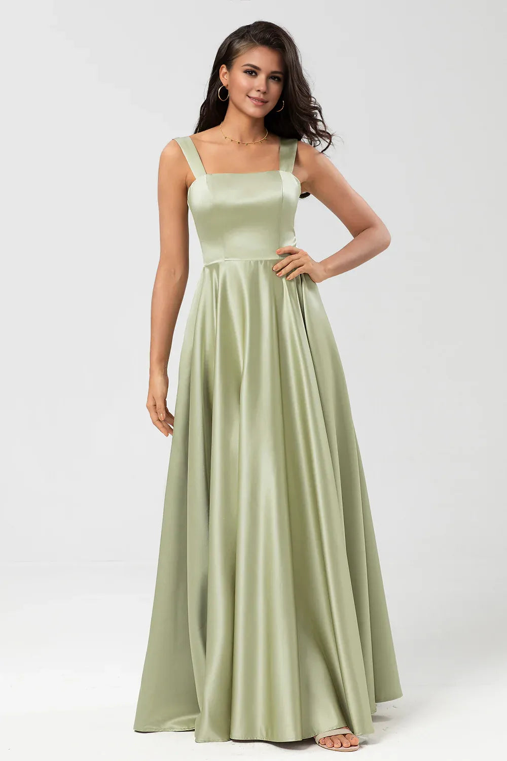 Beaira Dusty Sage A-Line Square Neck Floor-Length Satin Bridesmaid Dress Bridesmaid dress shop