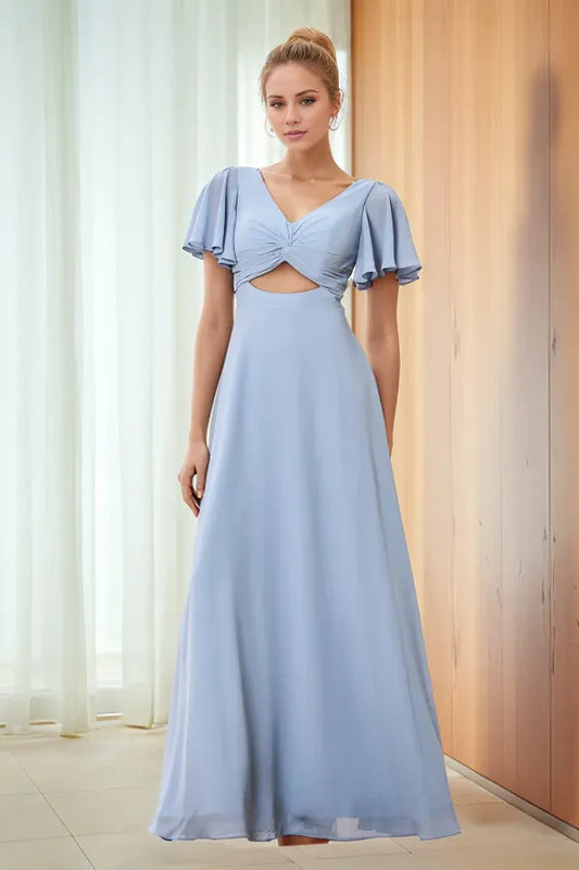 Beaira Chic A-Line V Neck Short Sleeves Pleated Ruffles Prom Dress V Back Bow Knot Floor Length Chiffon evening gown
