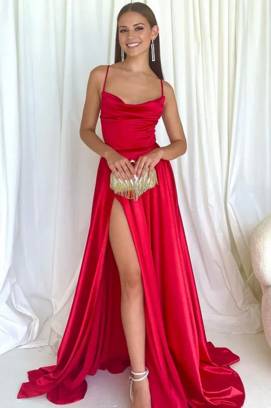 Beaira Simple A-Line Strapless Spaghetti Straps Sleeveless Ruched Criss Cross Straps Prom Party Dress High Side Slit and Train evening gown