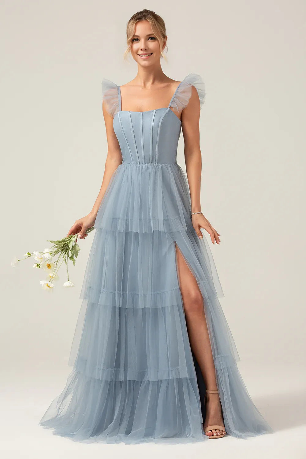 Beaira Dusty Blue A Line Spaghetti Straps Floor Length Tulle Bridesmaid Dress Bridesmaid dress shop