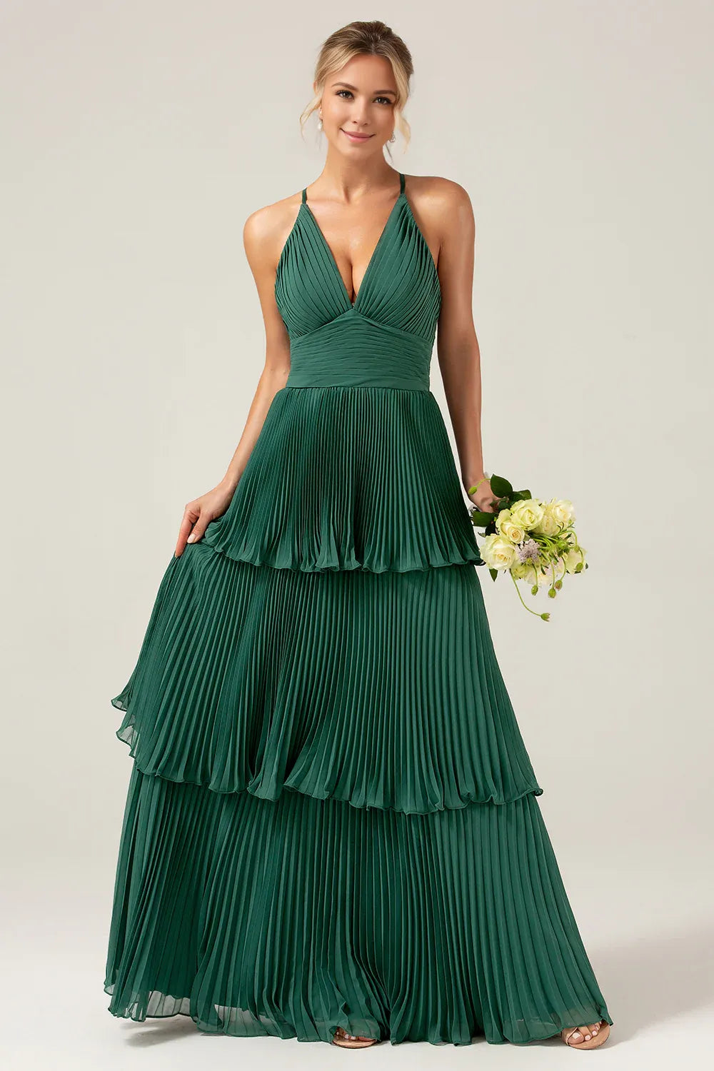 Beaira Dark Green A-Line Halter Tiered Floor Length Chiffon Long Bridesmaid Dress Bridesmaid dress shop