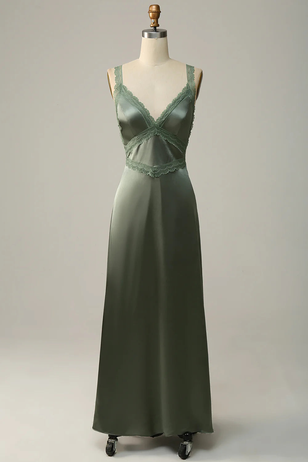 Beaira Dusty Green Sheath Spaghetti Straps Tied Back Satin Bridesmaid Dress Bridesmaid dress shop