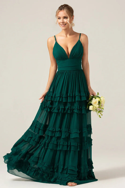 Beaira Dark Green A-Line Spaghetti Straps Tiered Pleated Long Bridesmaid Dress Bridesmaid dress shop