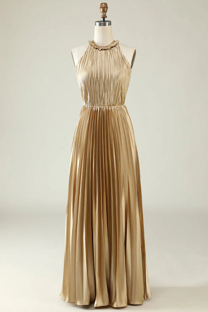 Beaira Golden A Line Halter Pleated Long Bridesmaid Dress with Open Back Bridesmaid dress shop