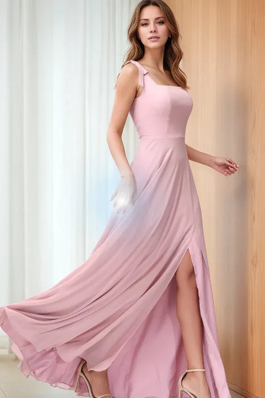 Beaira Modern A-Line Square Straps Sleeveless Chiffon Prom Party Dress High Side Slit and Train Bridesmaids Dress Cocktail Gown
