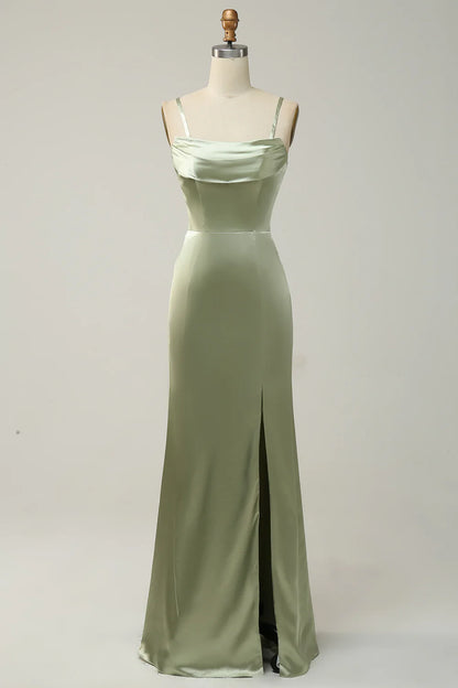 Beaira Green Sheath Convertible Strapless Satin Floor-Length Dress with Slit Bridesmaid dress shop