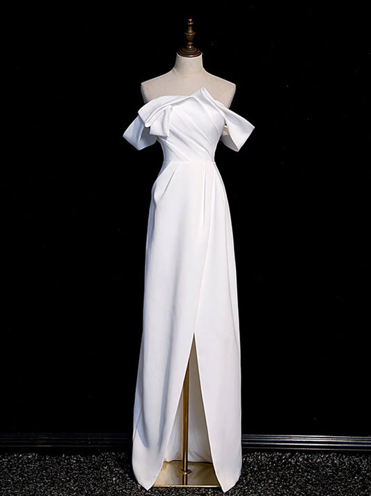 Beaira White off shoulder satin long prom dress white long formal dress Bridesmaid dress shop