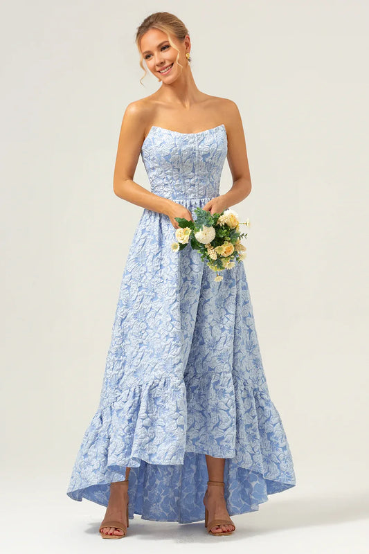 Beaira Blue A-Line Strapless Brocade Floral High Low Bridesmaid Dress Bridesmaid dress shop