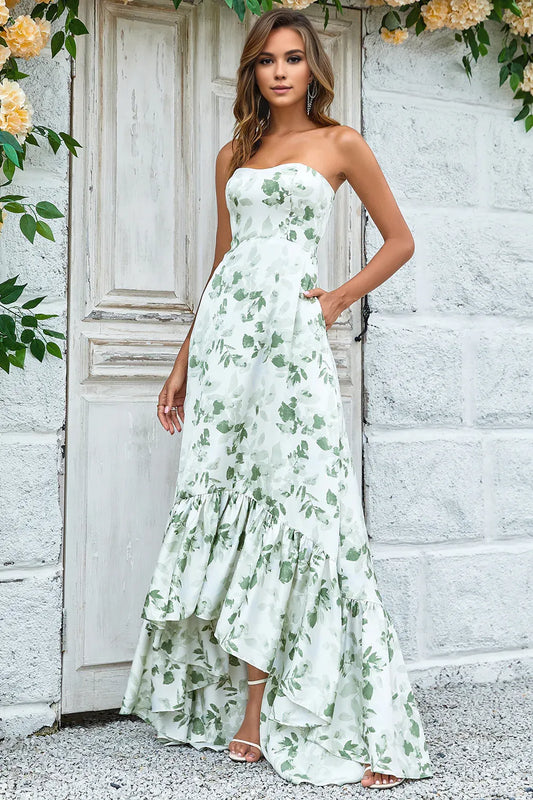 Beaira Green Asymmetrical Strapless Printed Long Bridesmaid Dress with Pocket Bridesmaid dress shop