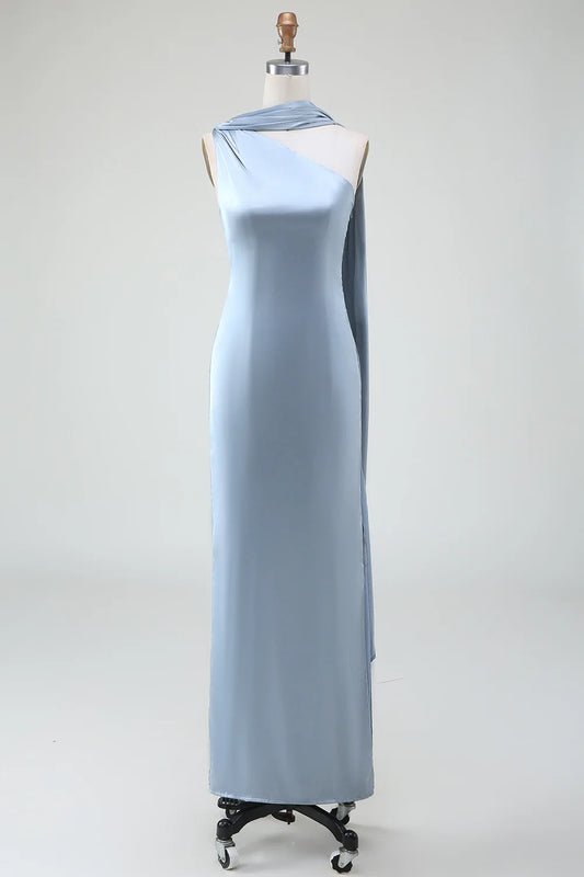 Beaira Sheath One-Shoulder Long Satin Dusty Blue Bridesmaid Dress Bridesmaid dress shop