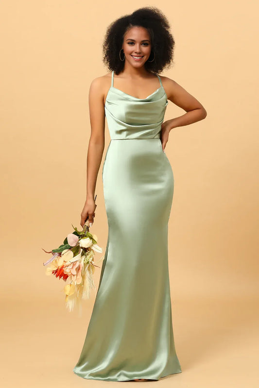 Beaira Sage Mermaid Cowl Neckline Long Satin Bridesmaid Dress Bridesmaid dress shop