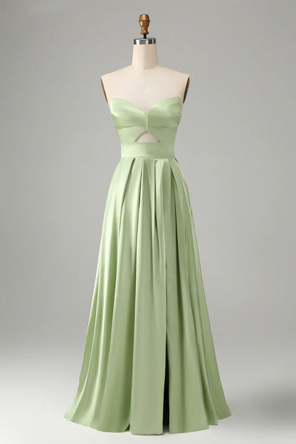 Beaira Green A Line Strapless Pleated Hollow Out Long Bridesmaid Dress With Slit Bridesmaid dress shop