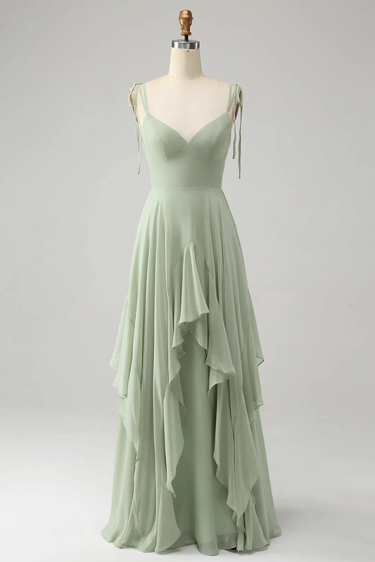 Beaira Elegant Matcha A Line Spaghetti Straps Chiffon Long Bridesmaid Dress with Ruffles Bridesmaid dress shop