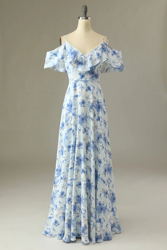 Beaira Blue A Line Off the Shoulder Floral Print Long Bridesmaid Dress Bridesmaid dress shop