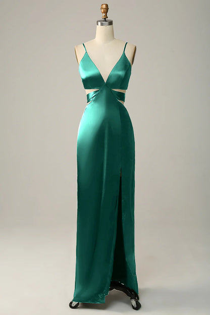 Beaira Dark Green Sheath Spaghetti Straps Cut Out Satin Long Bridesmaid Dress Bridesmaid dress shop