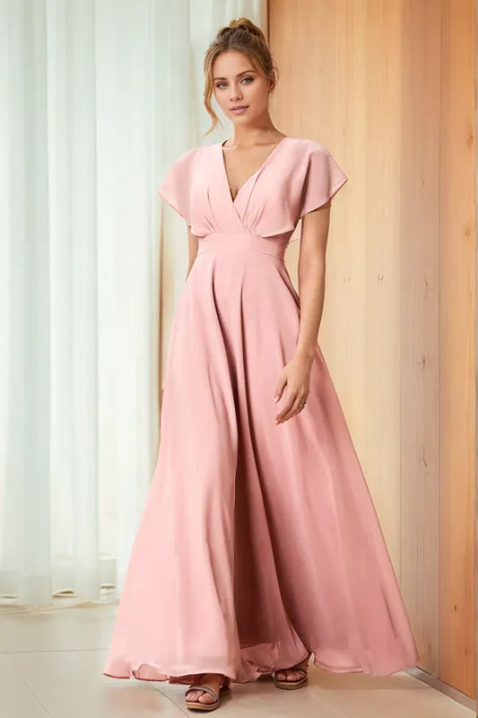 Beaira Sweet A-Line V Neck Short Sleeves Pleated Prom Party Dress Back Zipper Floor Length Chiffon Formal evening gown