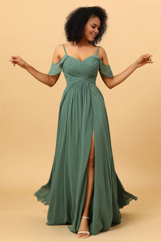 Beaira Eucalyptus A Line Spaghetti Straps Long Chiffon Bridesmaid Dress With Slit Bridesmaid dress shop