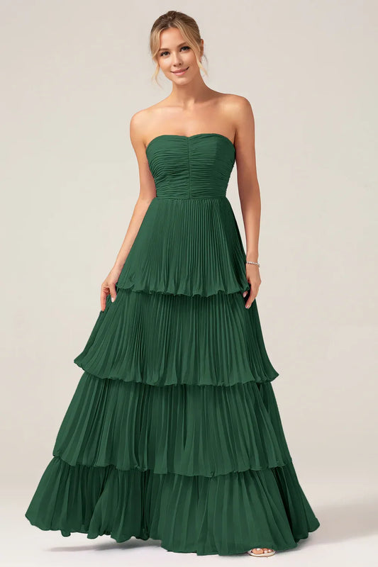 Beaira Dark Green A-Line Sweetheart Tiered Floor Length Chiffon Bridesmaid Dress Bridesmaid dress shop