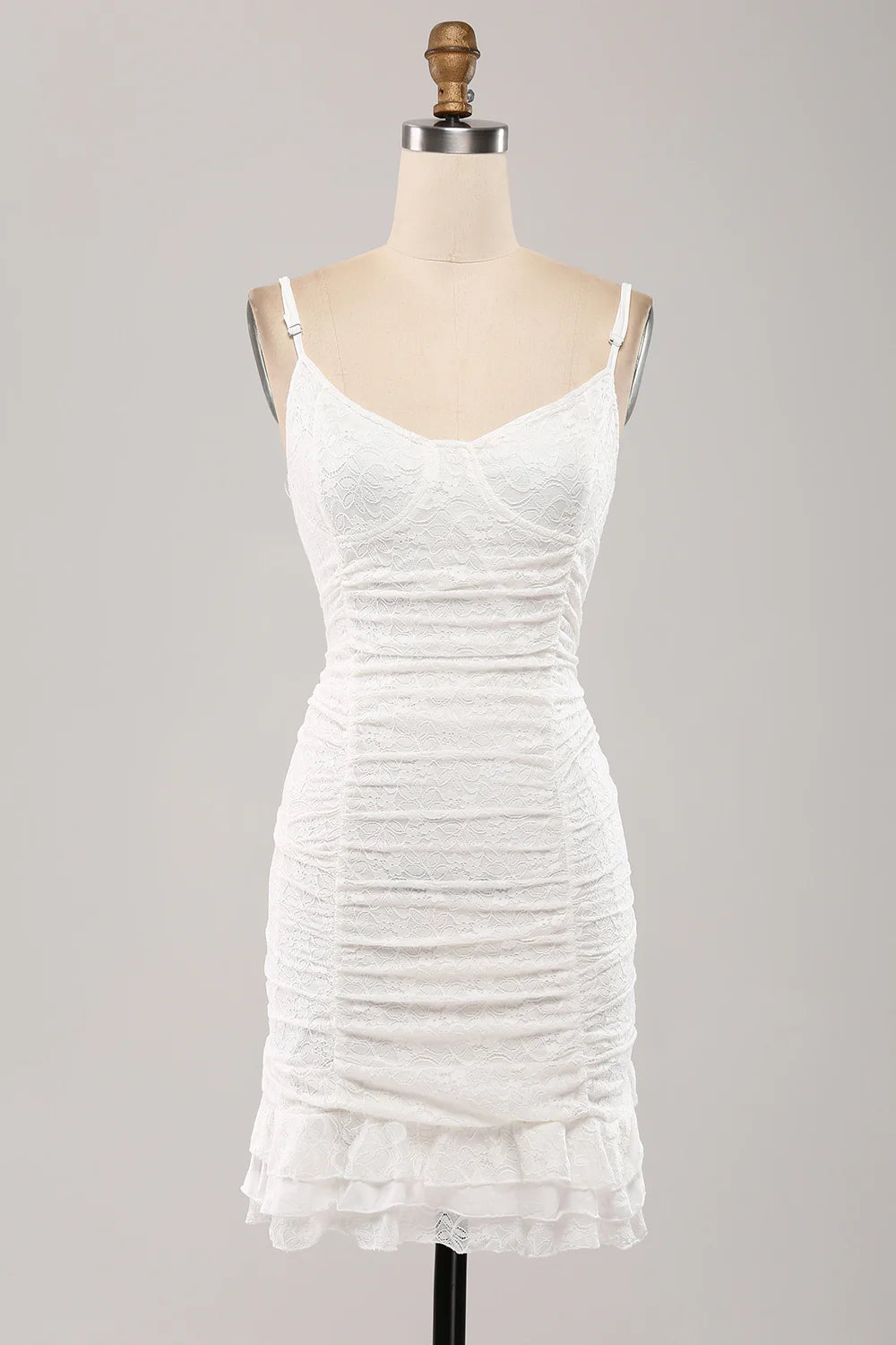 Cute Spaghetti Straps Bodycon Pleated Lace Short White Graduation Dress