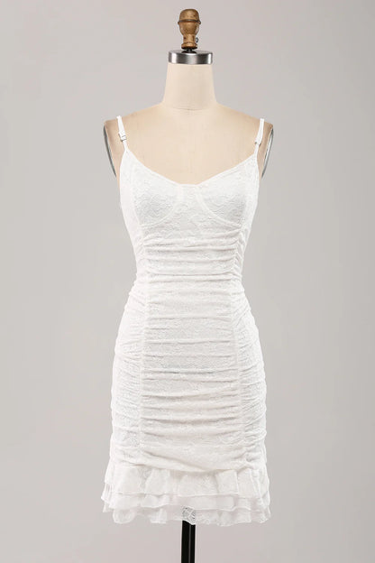 Cute Spaghetti Straps Bodycon Pleated Lace Short White Graduation Dress