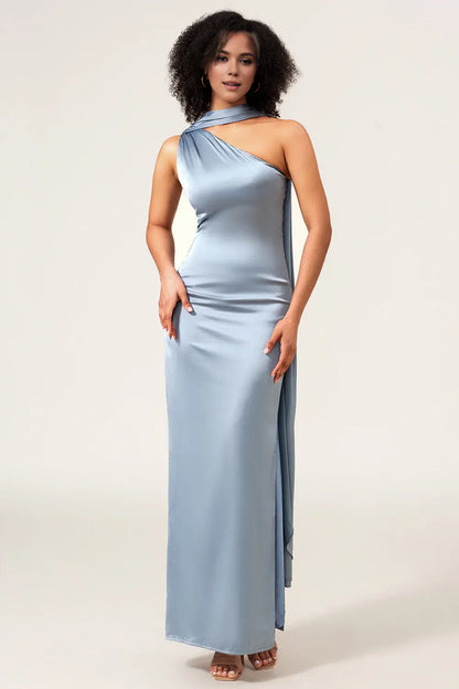 Beaira Dusty Blue Sheath One-Shoulder Long Satin Bridesmaid Dress Bridesmaid dress shop