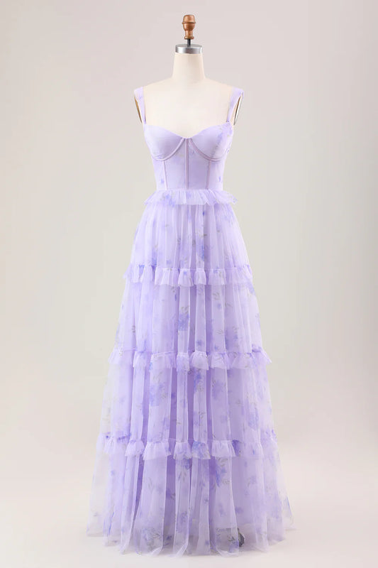 Beaira Lavender A Line Spaghetti Straps Print Tiered Corset Floor Length Dress Bridesmaid dress shop