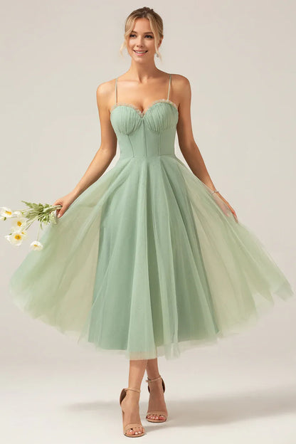 Beaira A-Line Spaghetti Straps Tea-Length Corset Tulle Matcha Bridesmaid Dress Bridesmaid dress shop