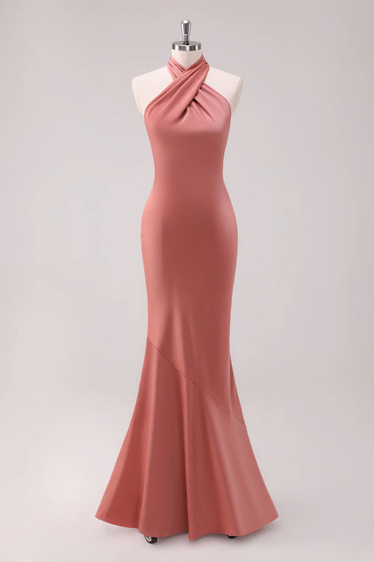 Beaira Terracotta Mermaid Halter Backless Floor Length Satin Bridesmaid Dress Bridesmaid dress shop