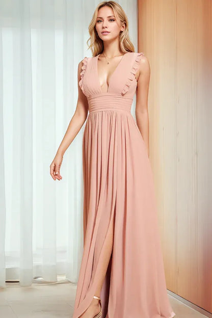 Beaira Elegant A-Line V Neck Straps Sleeveless Pleated Ruffles Prom Party Dress High Side Slit and Train Open Back evening gown