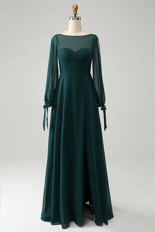 Beaira Dark Green A Line Bateau Neck Long Sleeves Chiffon Long Bridesmaid Dress with Slit Bridesmaid dress shop