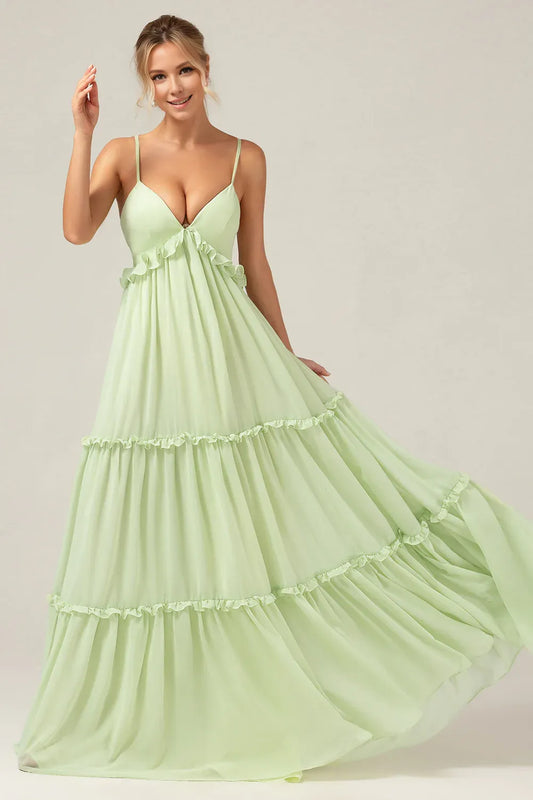 Beaira Light Green A-Line Spaghetti Straps Backless Long Bridesmaid Dress With Ruffles Bridesmaid dress shop