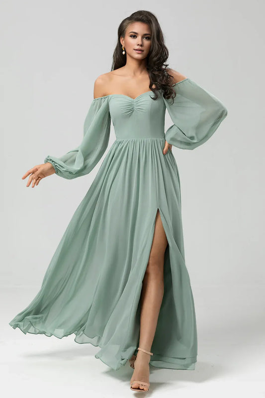 Beaira Matcha A Line Off The Shoulder Chiffon Bridesmaid Dress with Slit Bridesmaid dress shop