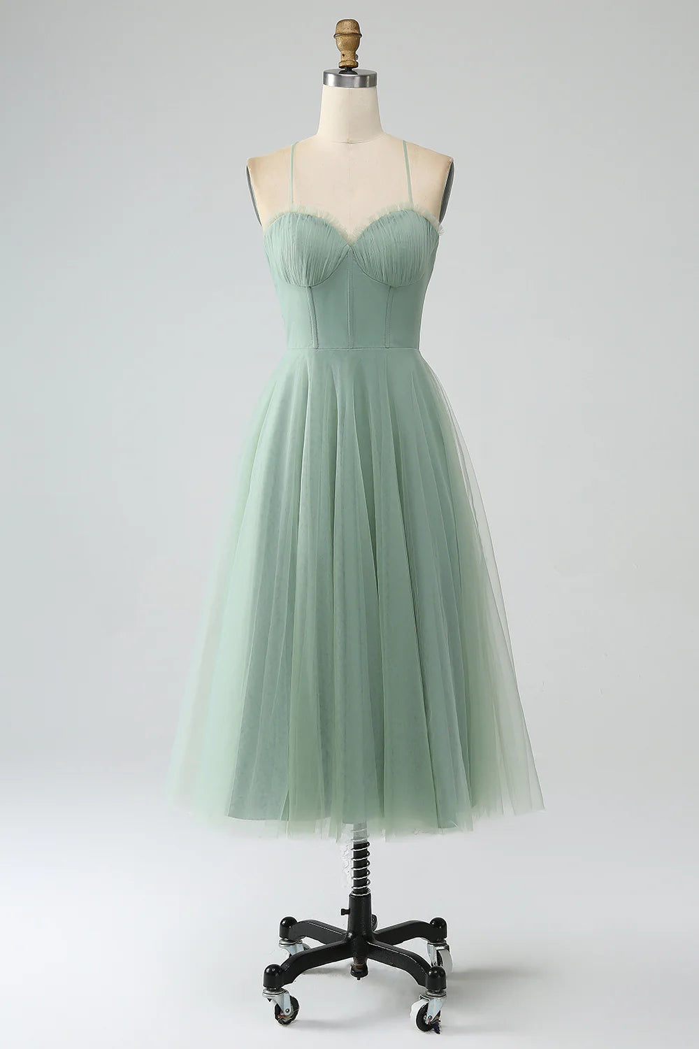 Beaira Matcha A-Line Spaghetti Straps Tea-Length Corset Tulle Bridesmaid Dress Bridesmaid dress shop