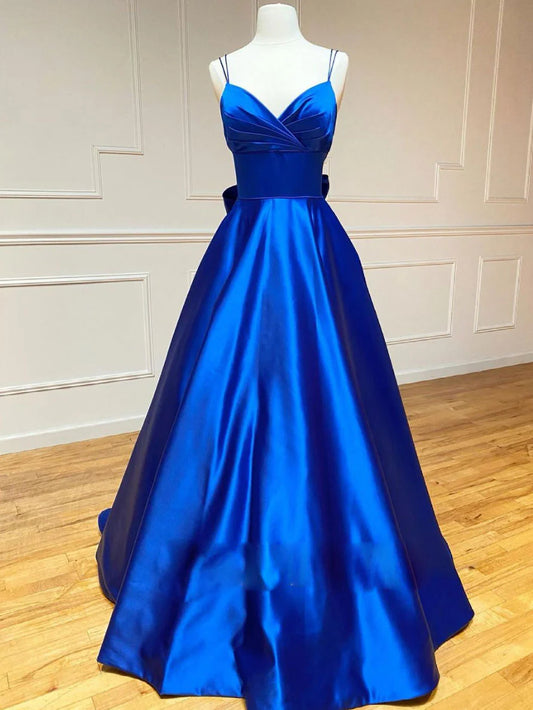 Beaira Blue v neck satin long prom dress blue evening dress Bridesmaid dress shop