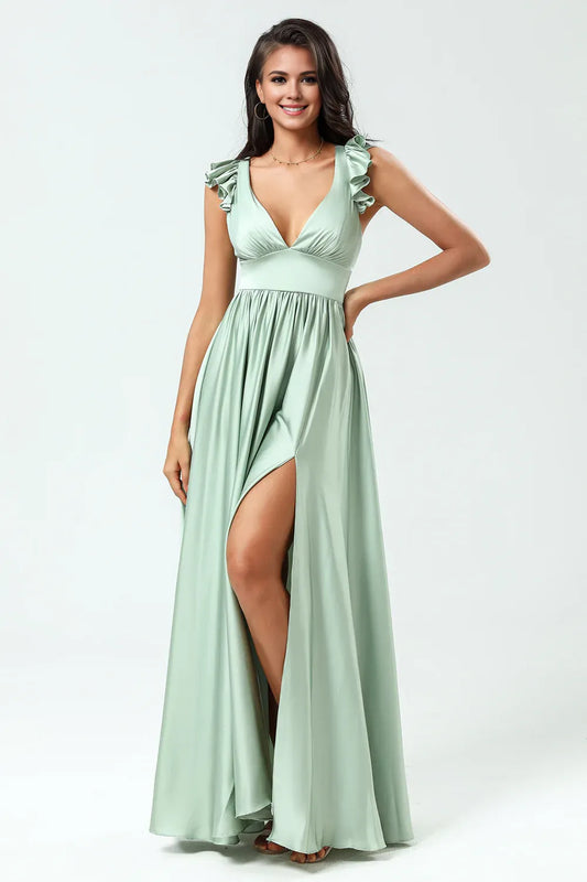 Beaira Backless Deep V-Neck A Line Green Split Bridesmaid Dress with Ruffles Bridesmaid dress shop