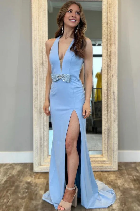Beaira Sheath Low V Neck Halter Sleeveless Bow Knot Beaded High Side Slit and Train Open Back Prom Party Dress Evening Formal Gown