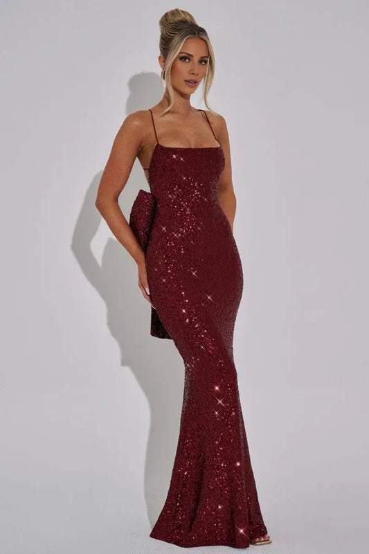 Beaira Sexy & Hot Mermaid Square Spaghetti Straps Sleeveless Open Back Floor Length Prom Dress Fully Sequins Special Occasion Dress Evenng Party Dress with Bow Knot