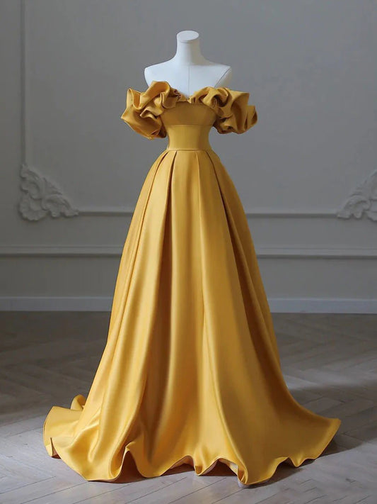 Beaira Yellow A-Line Satin Long Prom Dresses Yellow Long Evening Dress Bridesmaid dress shop