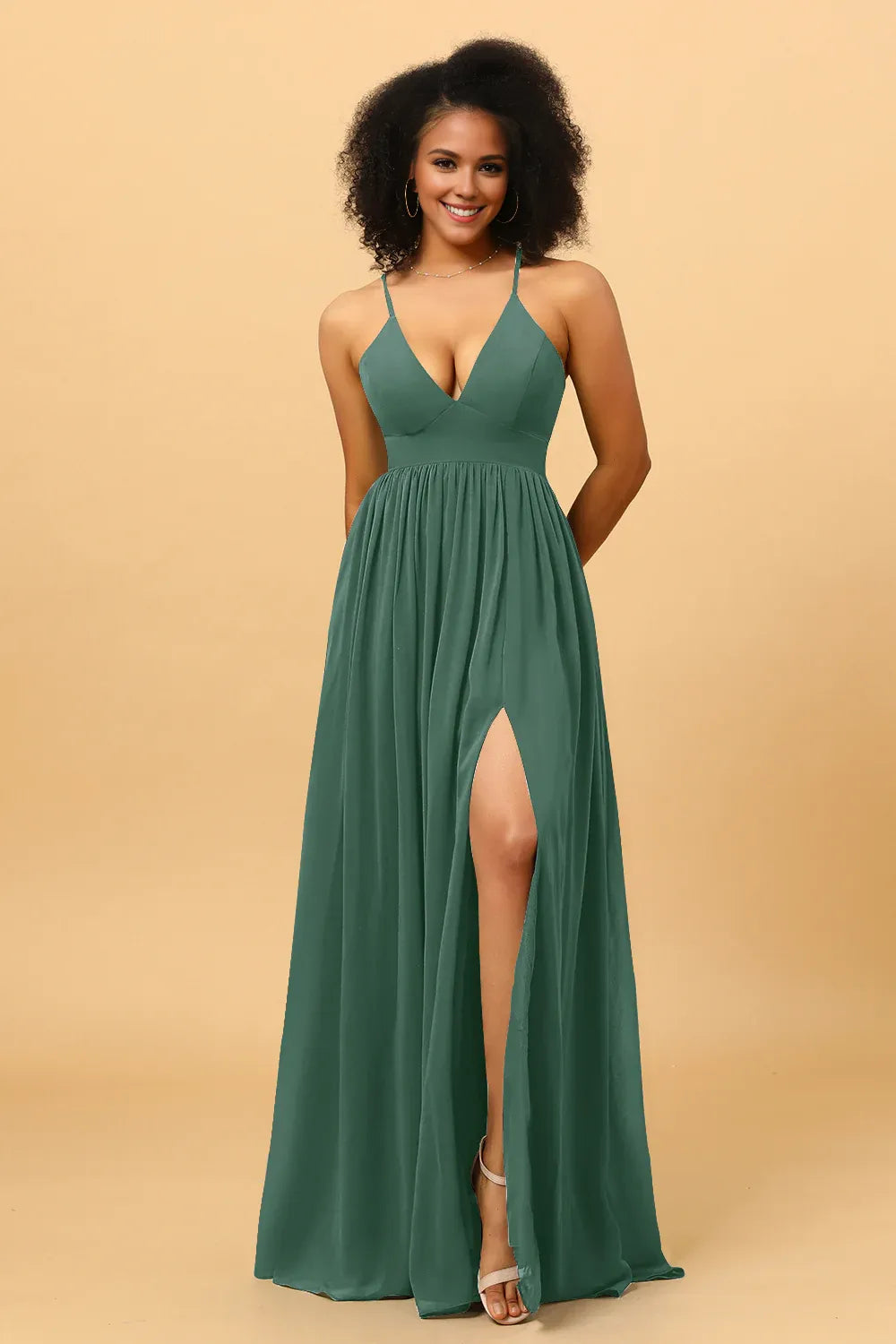 Beaira A Line Spaghetti Straps Chiffon Long Bridesmaid Dress with Slit Bridesmaid dress shop