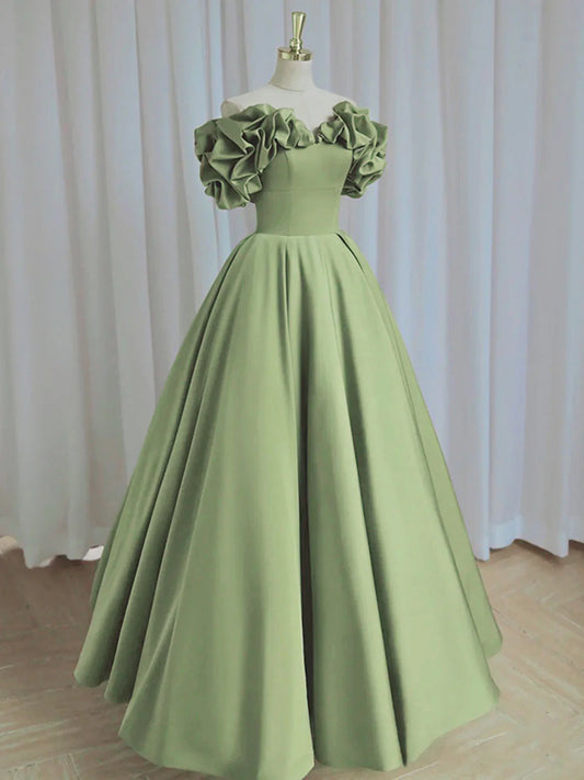 Beaira A-Line off Shoulder Satin Green Long Prom Dress Green Formal Dresses Bridesmaid dress shop