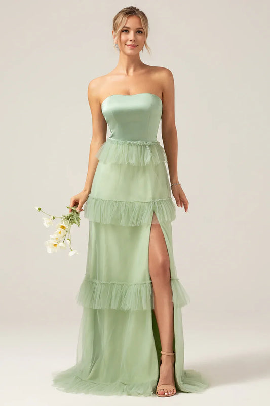 Beaira Matcha A-Line Tiered Strapless Tiered Long Bridesmaid Dress With Slit Bridesmaid dress shop