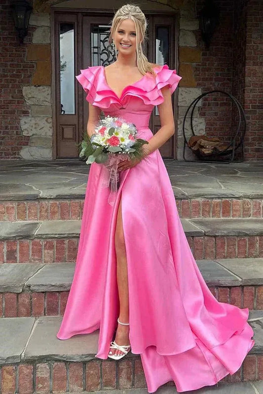 Beaira Cute A-Line V Neck Sleeveless Ruffles V Back High Side Slit and Train Back Zipper Prom Dress Evening Party Gown